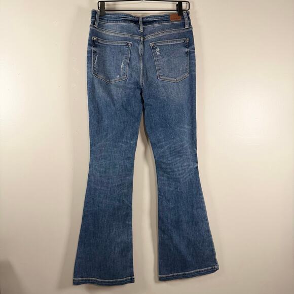 Judy Blue Trouser Flare Jeans Distressed Mid-Rise Button Fly Blue Size 11/30 - Picture 10 of 11